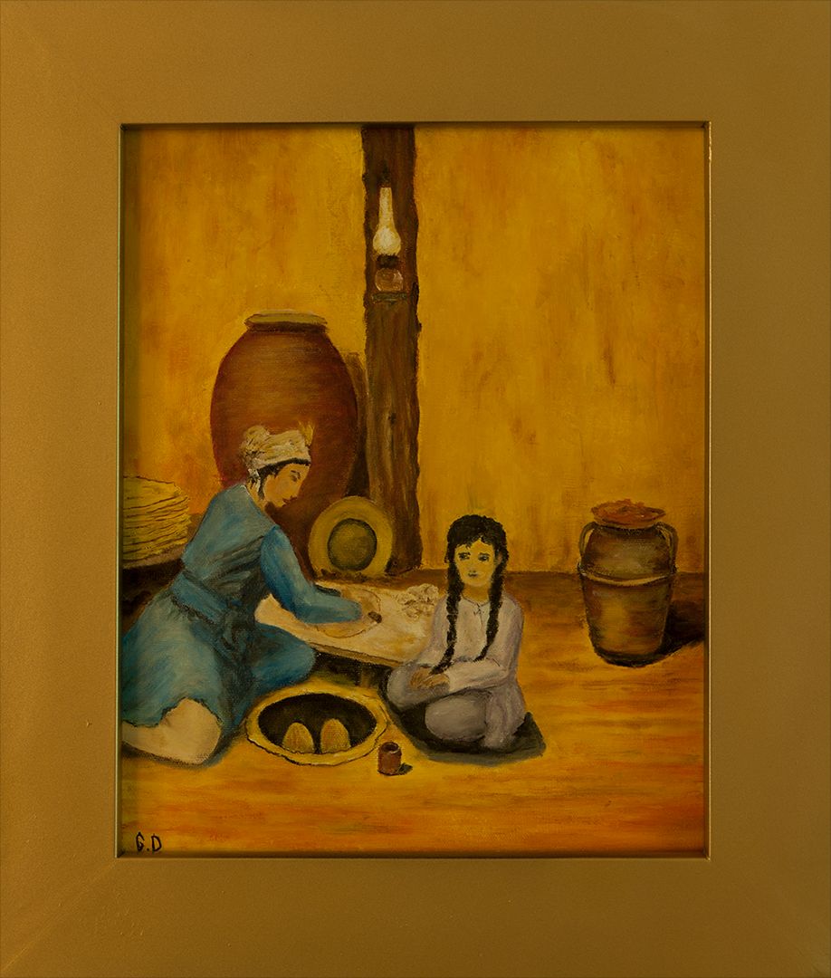 A warm, amber-toned interior: a woman in a headscarf kneels by a round clay oven in the floor, rolling out dough, while a girl with long braids sits beside her. Large clay jars stand against the wall.