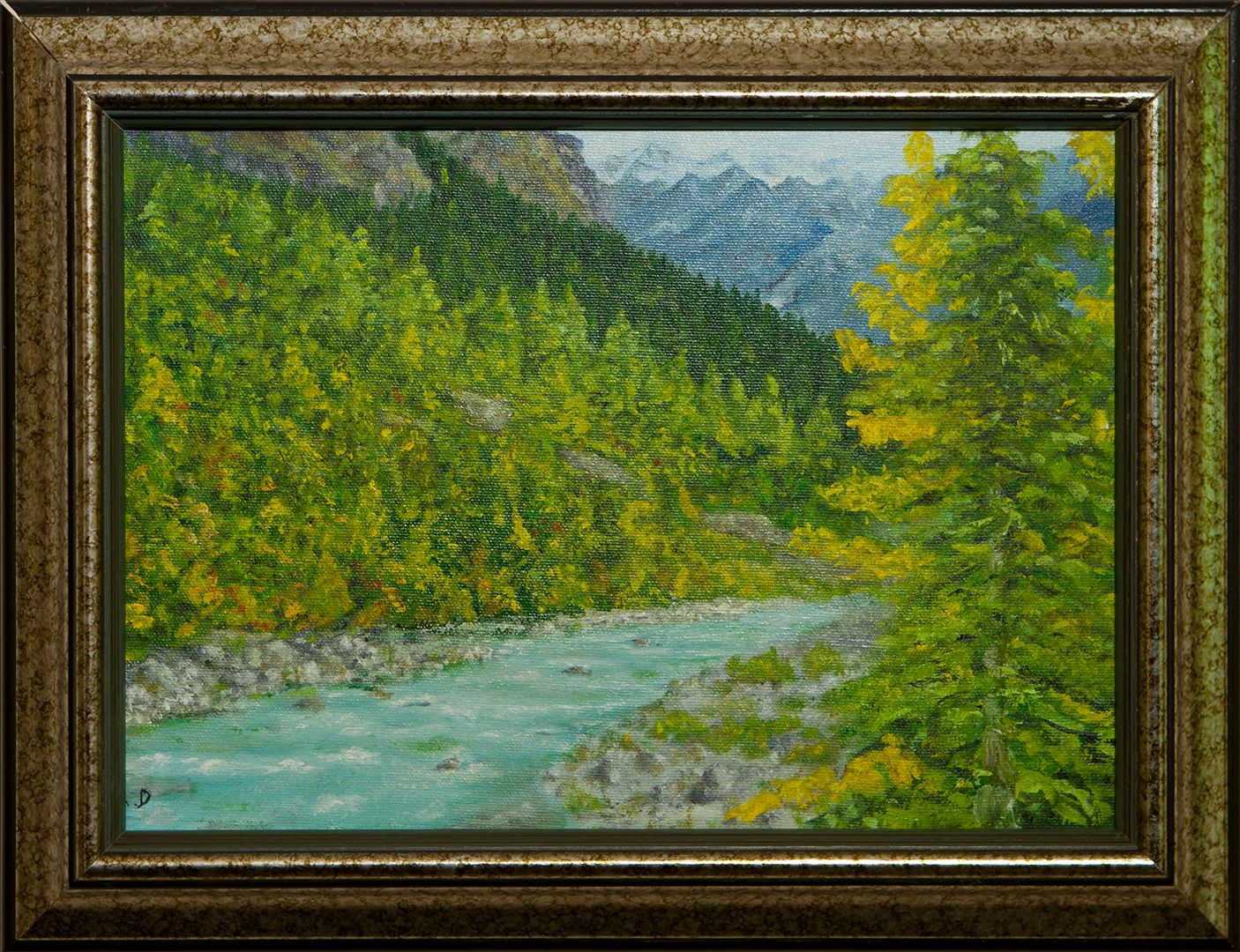 A turquoise mountain river rushing over stones through a valley of dense green and yellow forest, with snowy peaks in the distance.
