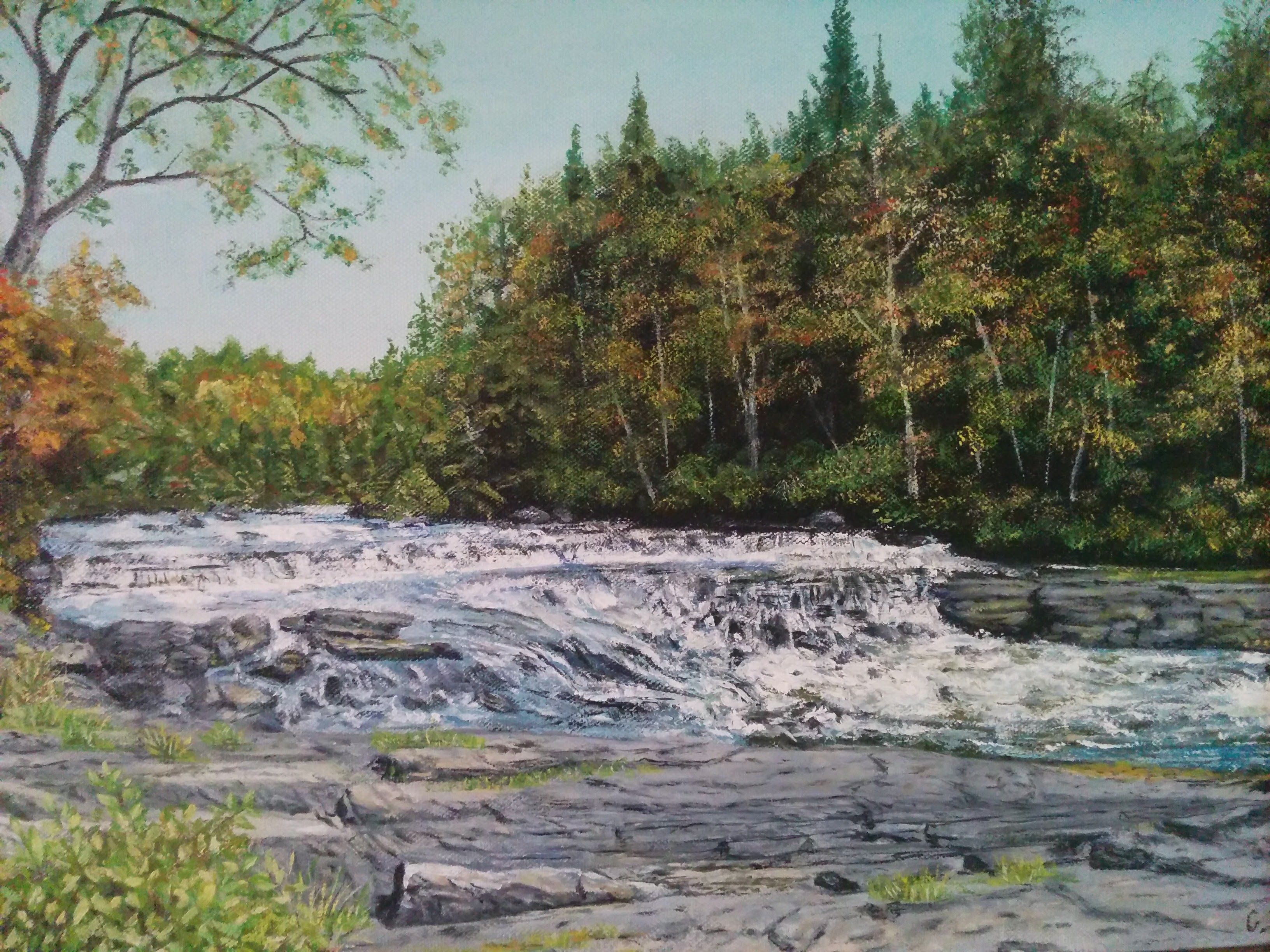 A painting by George of white water rushing over wide, flat rock ledges, with a forest of evergreens and early autumn trees on the far bank.