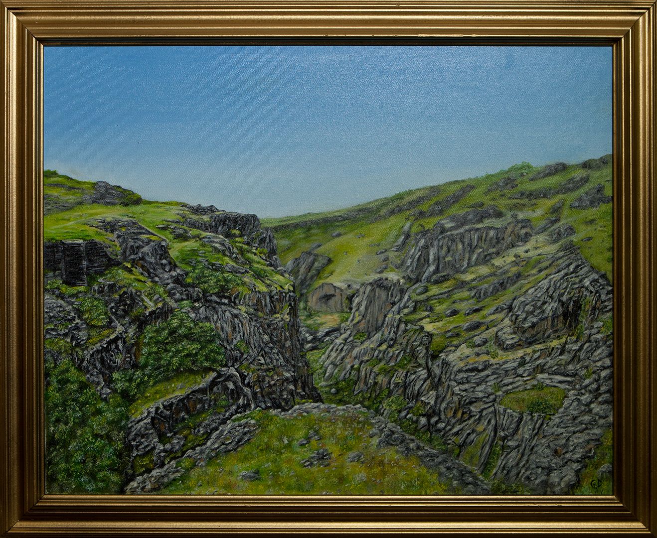 A deep gorge cut through grey, layered rock, its green slopes opening to a clear blue sky.