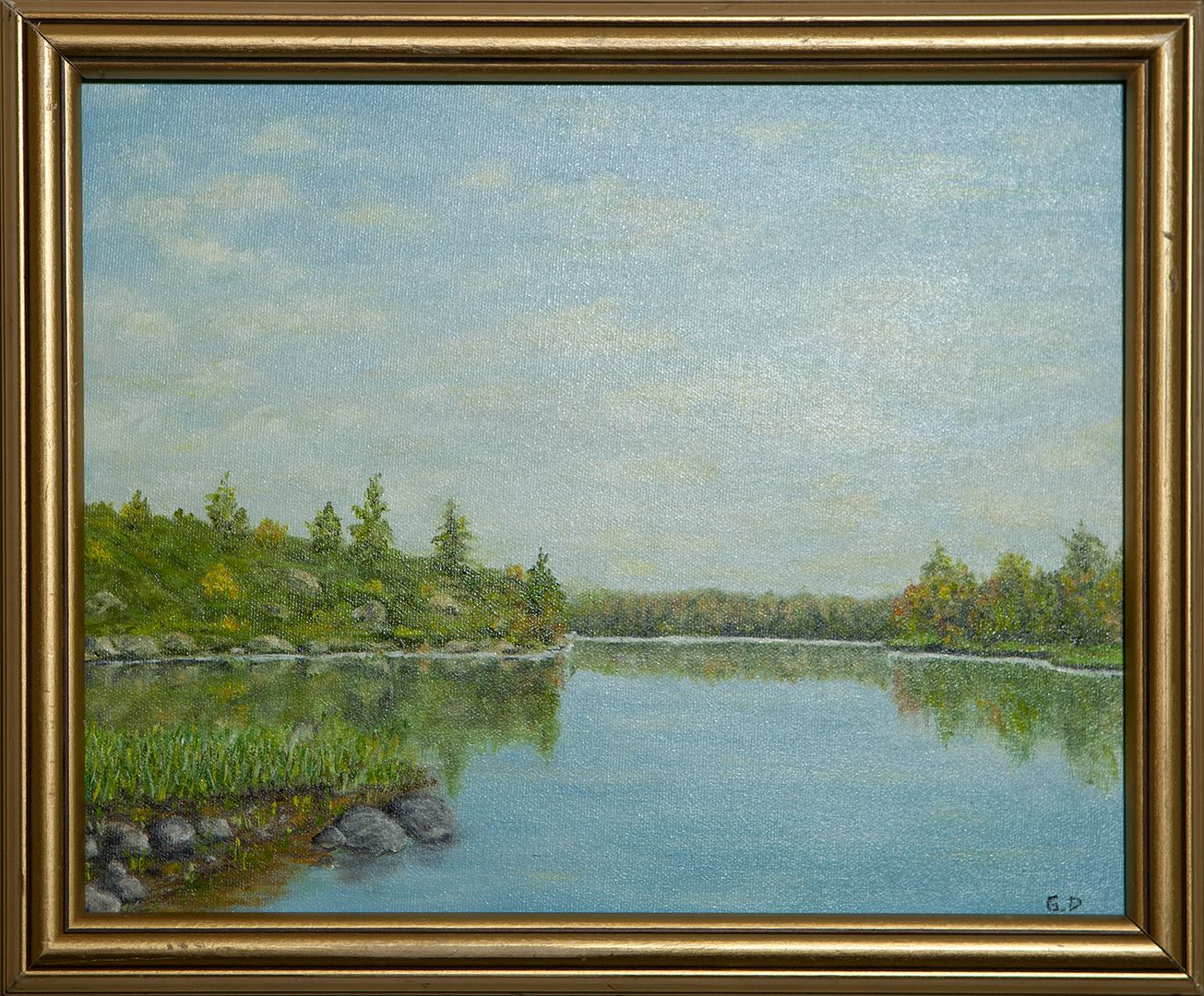 A calm lake reflecting the sky, with rocks and reeds in the foreground and low, tree-lined shores stretching into the distance.